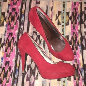 Red faux suede platform heels